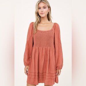 Heyson Crochet Long Sleeve Rust Dress Peasant Boho Hippie Bohemian Size 2XL